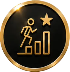 Icon of a person climbing bar graph steps toward a star, symbolizing achievement or success.