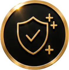 Gold shield with a check mark and plus signs inside, surrounded by a gold circular border.