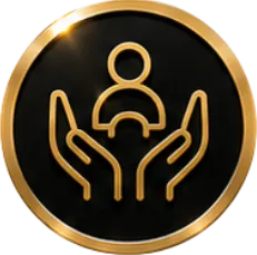Gold icon of two hands holding a person figure inside a black circle with gold border.