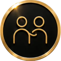 Gold outlined icon of two people on black round background with gold border and light glare.