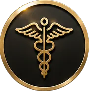 Gold caduceus medical symbol on black circular background with gold border.