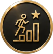 Gold icon of a person climbing bar chart steps toward a star on a black circular background.