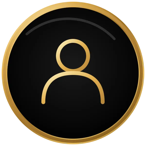 Gold outlined user profile icon on a black circular background with gold border.