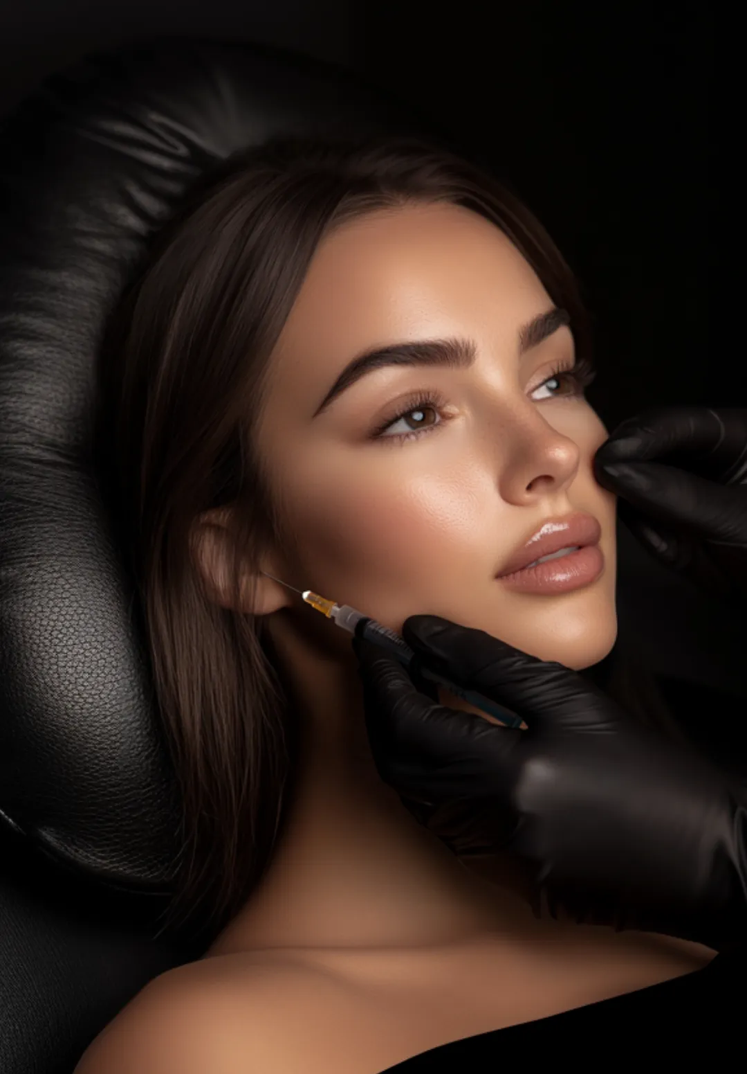 Close-up of woman receiving a cosmetic injection on the side of her face with gloved hands.