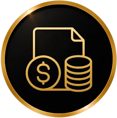 Gold outline of document with dollar sign coin and stacked coins on black circle with gold border.