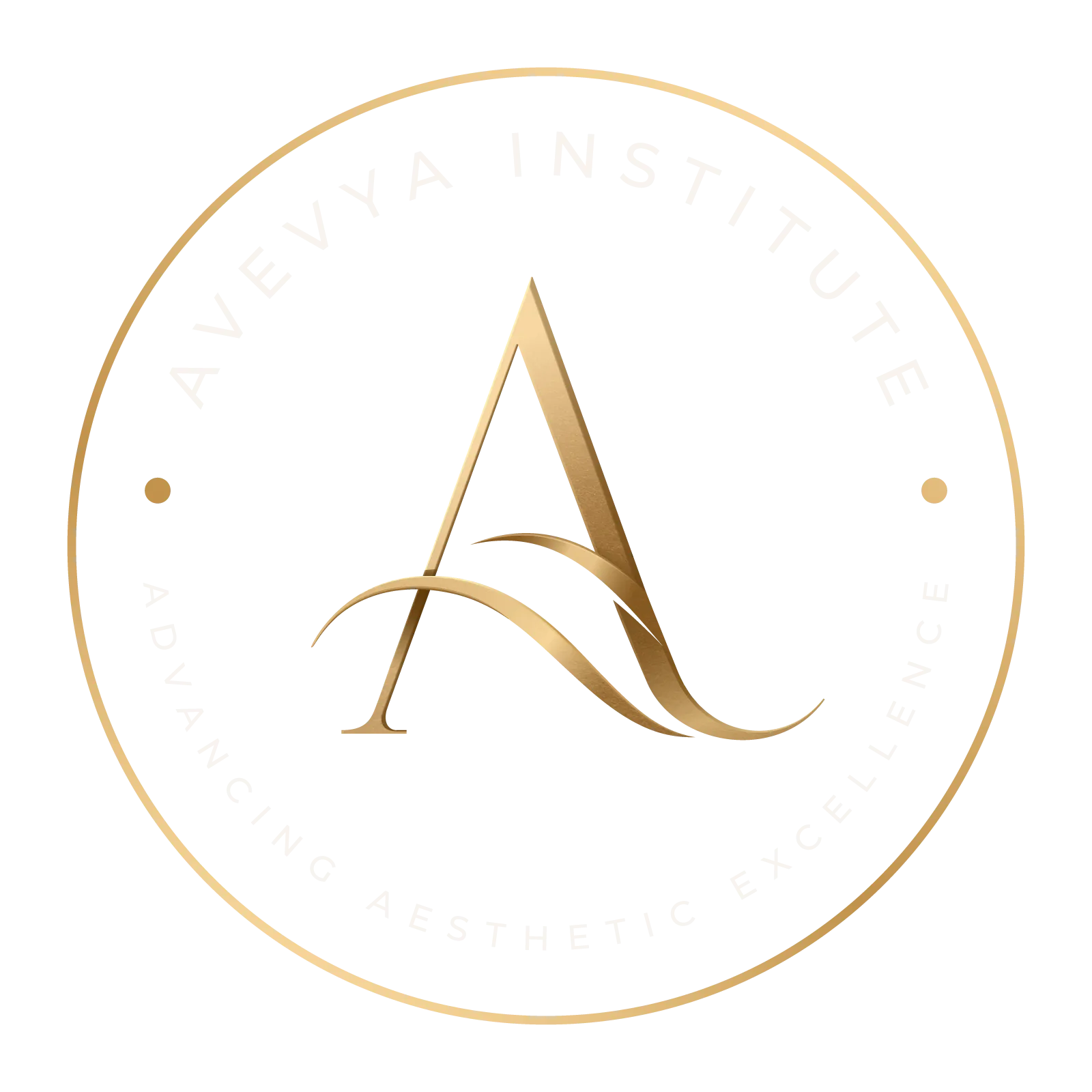 Circular gold emblem with stylized letter A and text Avevva Institute advancing aesthetic excellence.