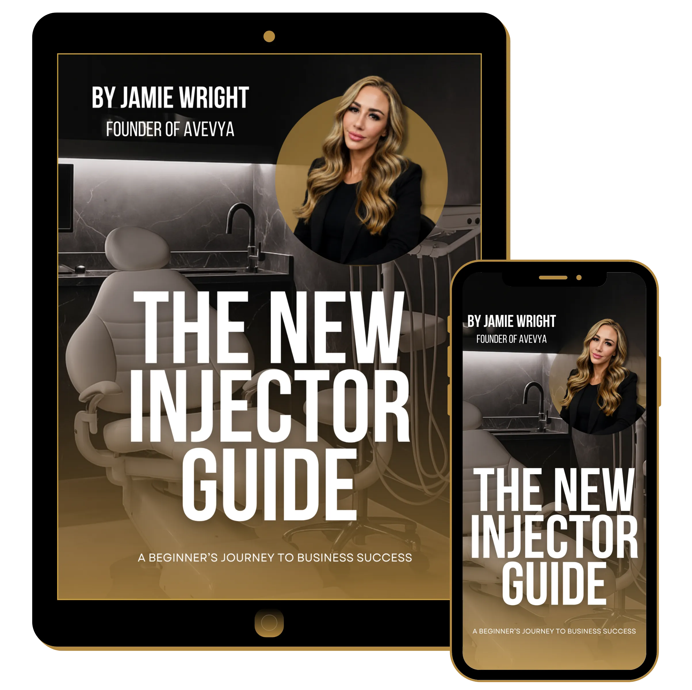 Digital ebook cover titled 'The New Injector Guide' by Jamie Wright with a photo of a woman and clinic chair.