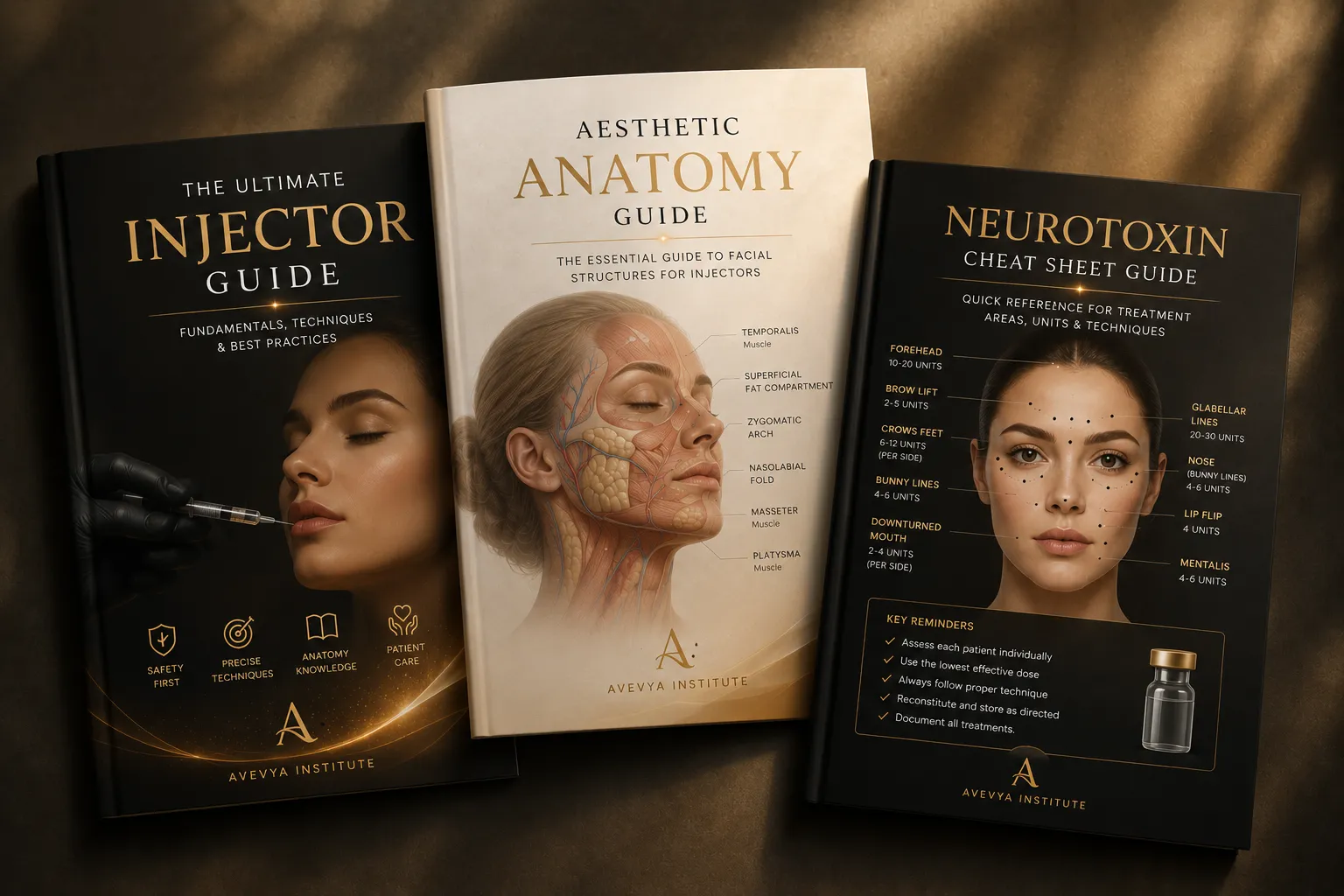 Three medical guides on aesthetics: injector guide, facial anatomy with muscles, and neurotoxin treatment cheat sheet.