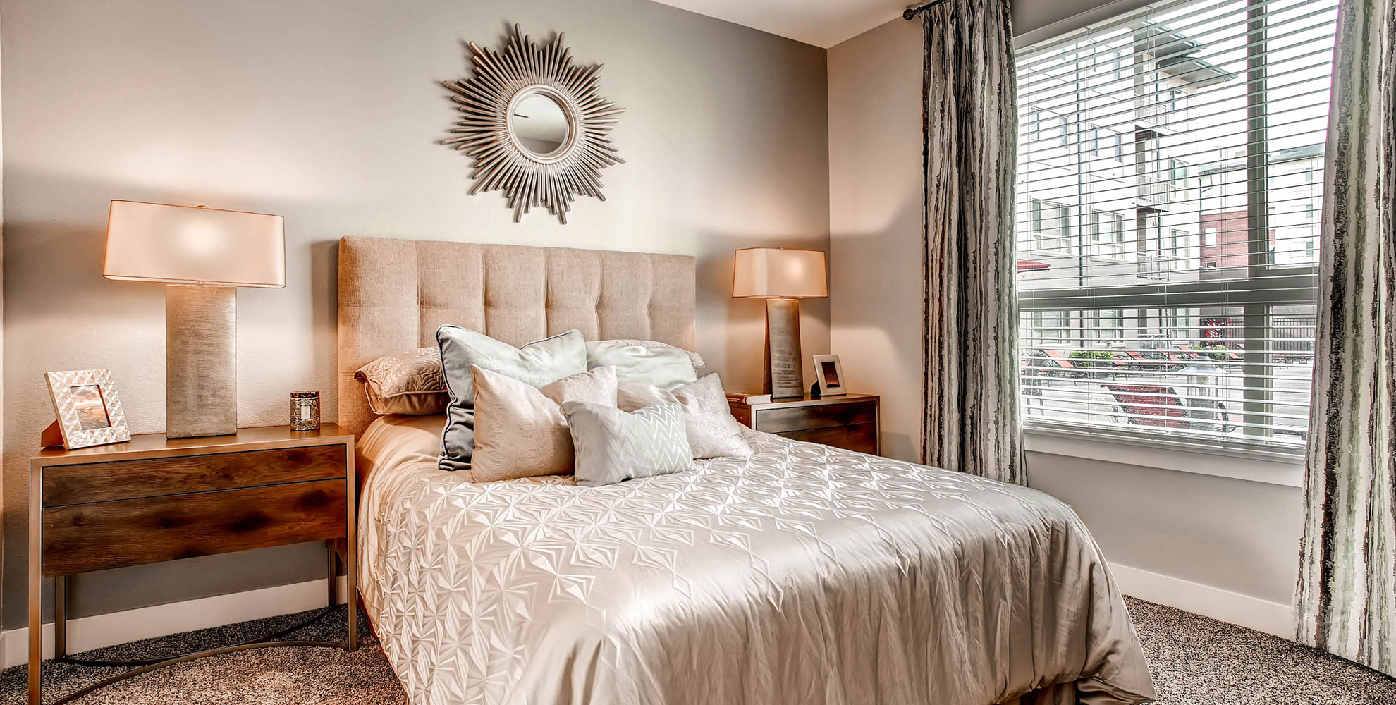Bedroom staged with bed