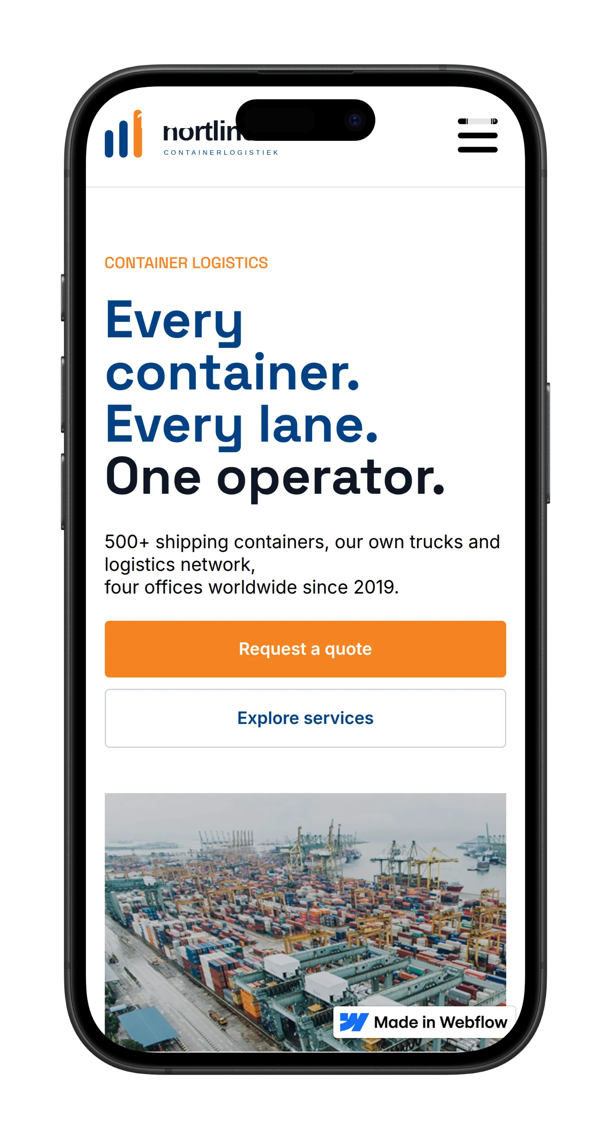 Paginaweergave van de Nortline website met de zakelijke huisstijl en contentstructuur voor een internationaal logistiek bedrijf