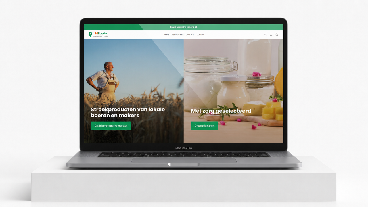 Homepage van de nieuwe 24Foody webshop met een natuurlijke uitstraling, gebouwd in Shopify door Sitelab Media
