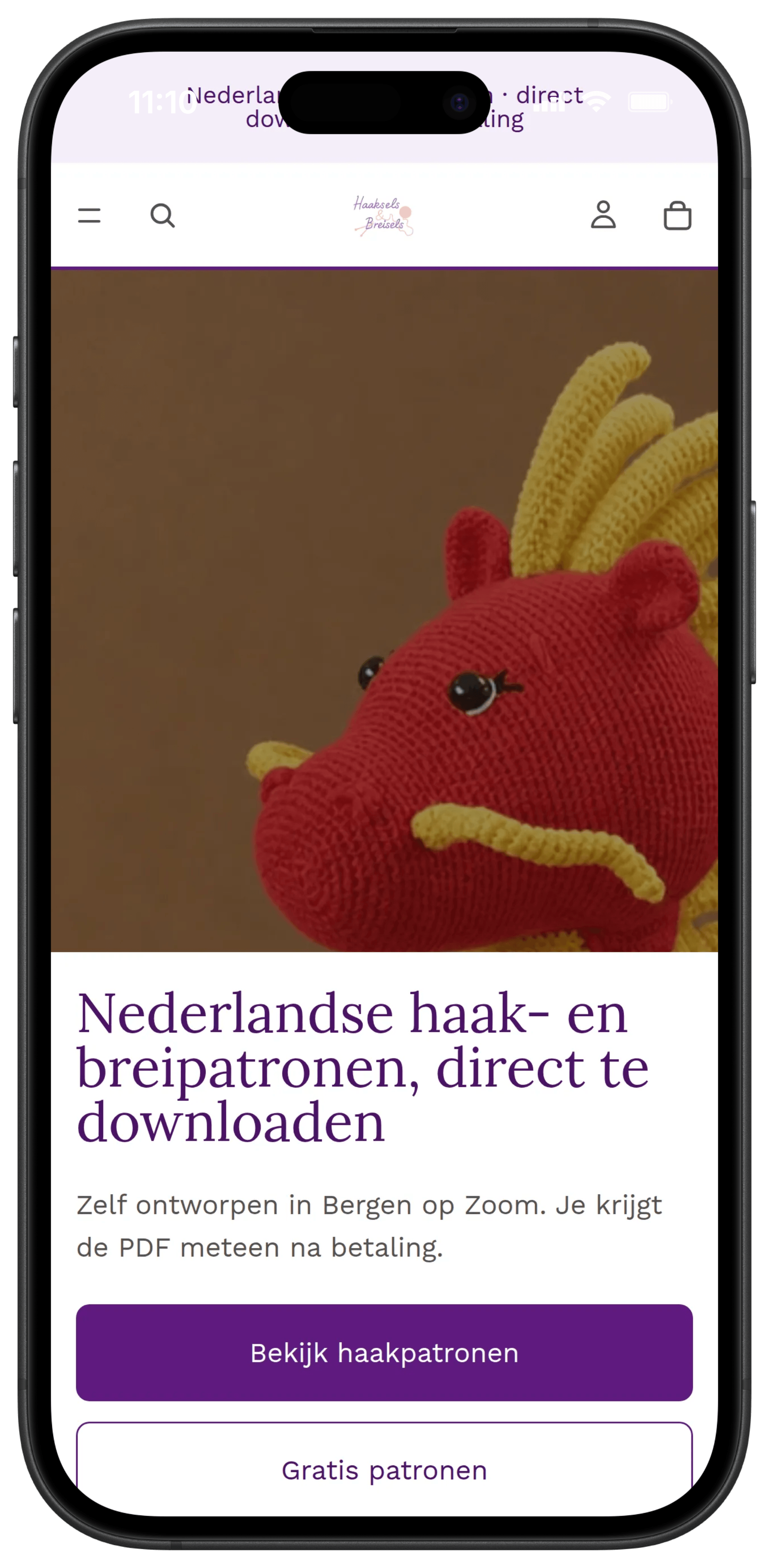 Homepage van de vernieuwde Haaksels en Breisels-webshop op een MacBook, gebouwd in Shopify door Sitelab Media