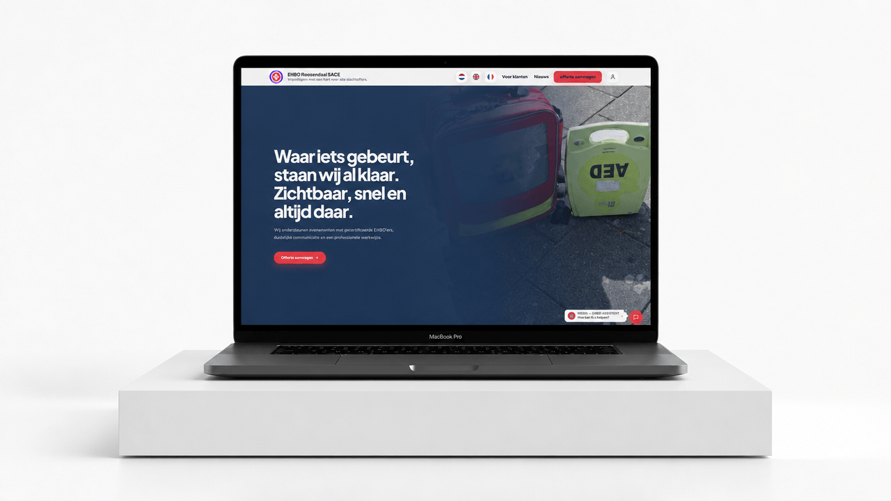 Homepage van EHBO Roosendaal SACE, waarvoor Sitelab Media de SEO, tracking en backlinks heeft verbeterd