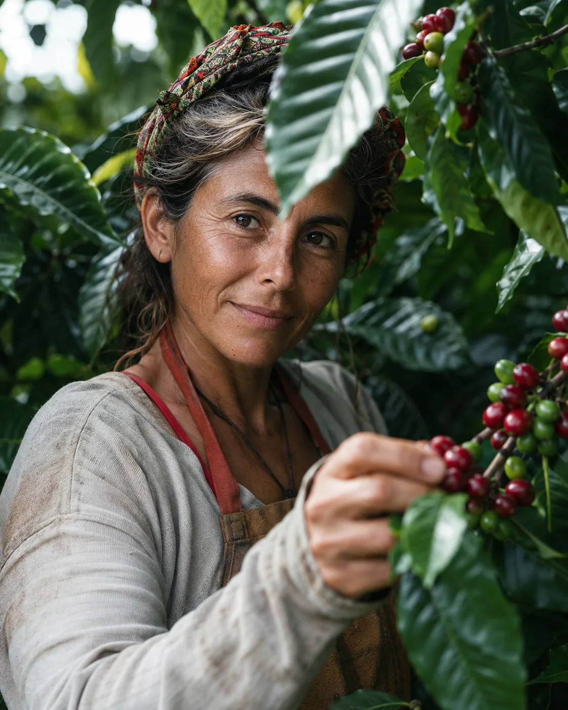 Coffee picker harvesting ripe cherries by hand in Colombia