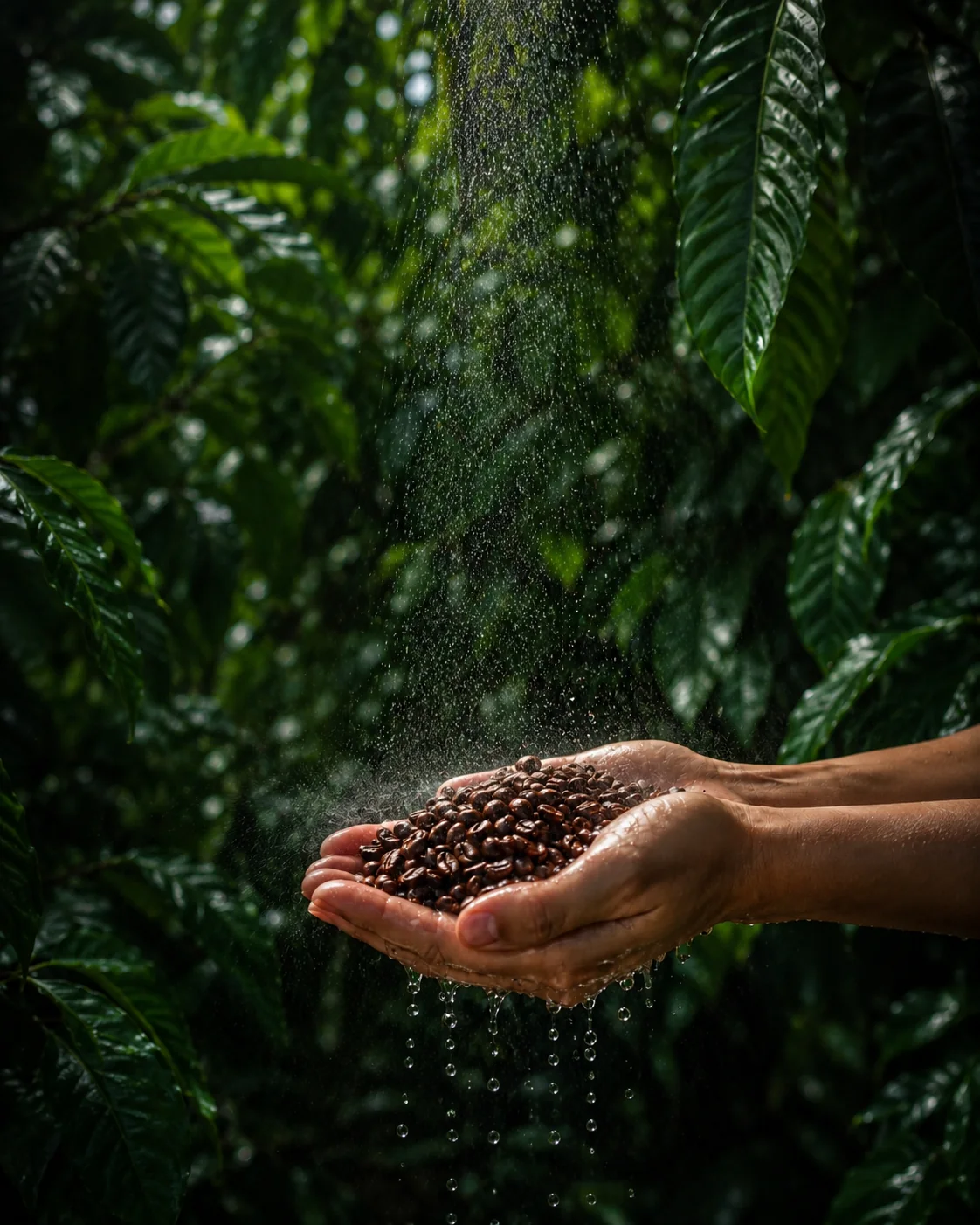 Hands holding coffee beans under running water