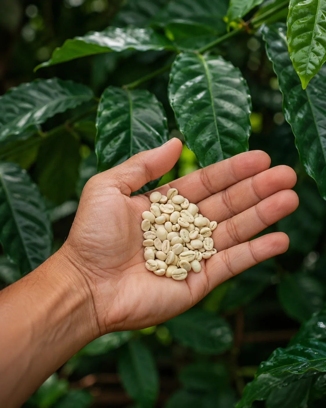 Open hand holding depulped green coffee beans