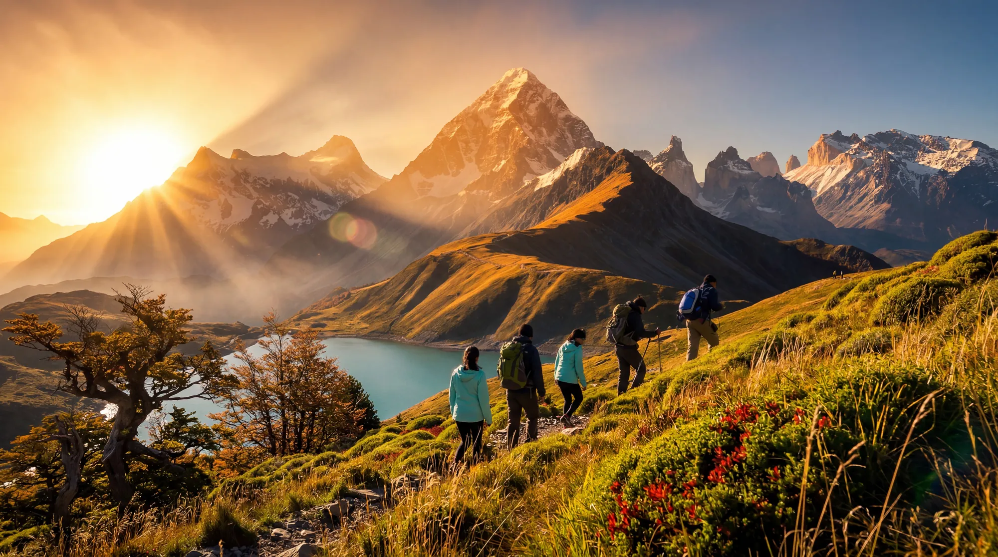 Hikers on a mountain trail at sunrise