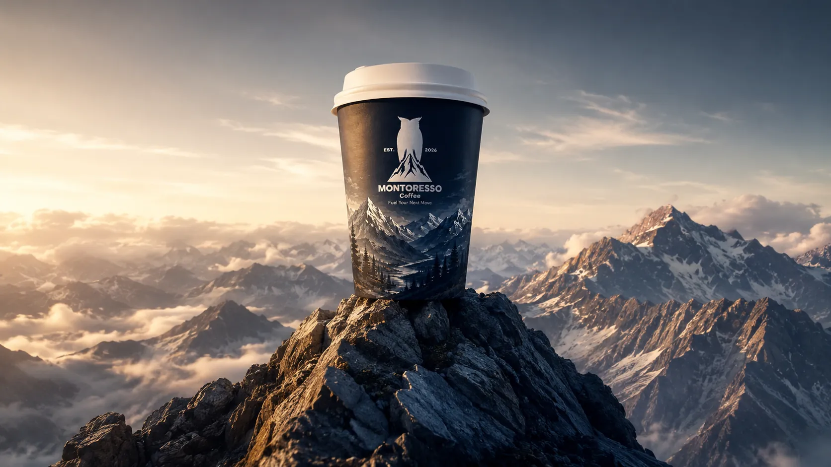 Montoresso coffee cup standing on a mountain summit above the clouds