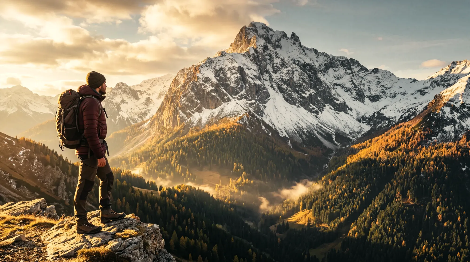 Hiker standing on a rock looking out at a snow-capped mountain