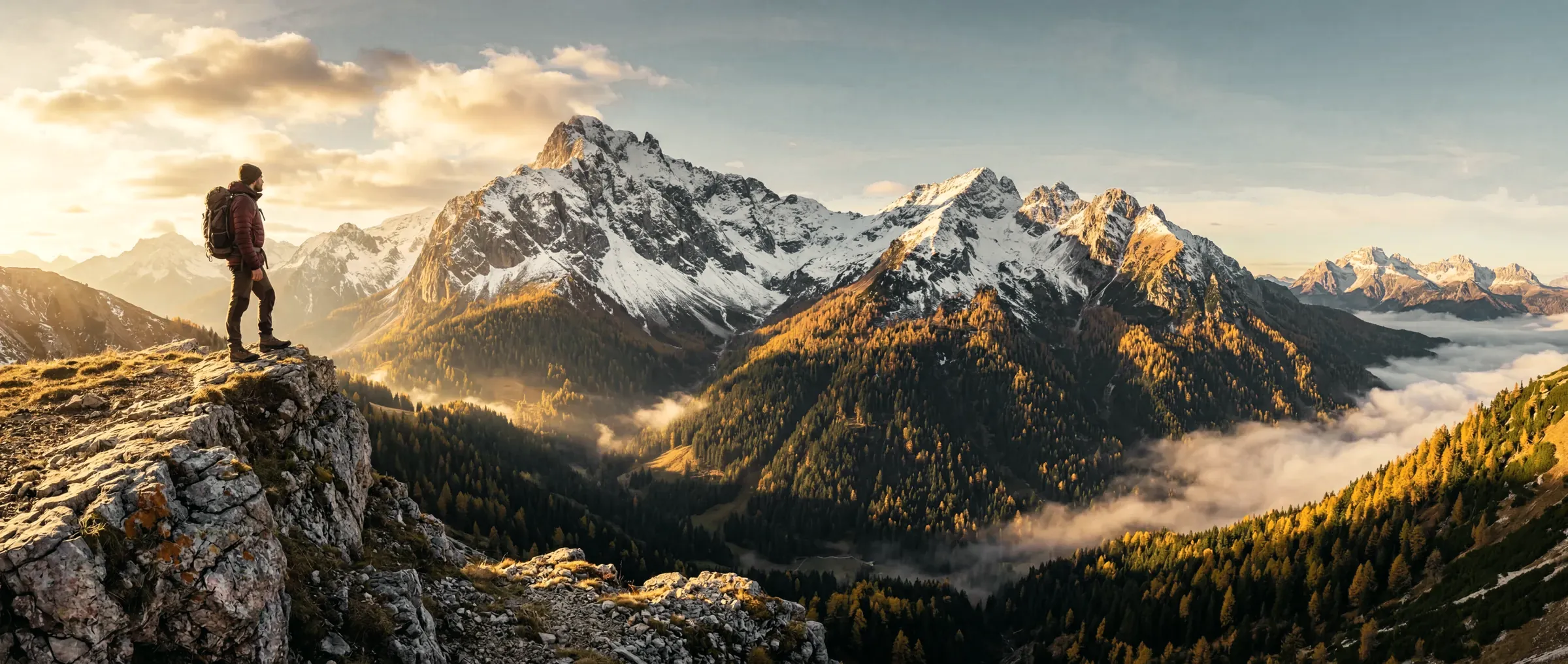 Hiker on a rocky summit overlooking a mountain range