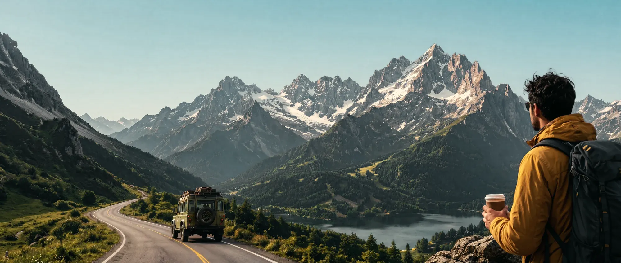 Man holding a coffee cup looking at a mountain range