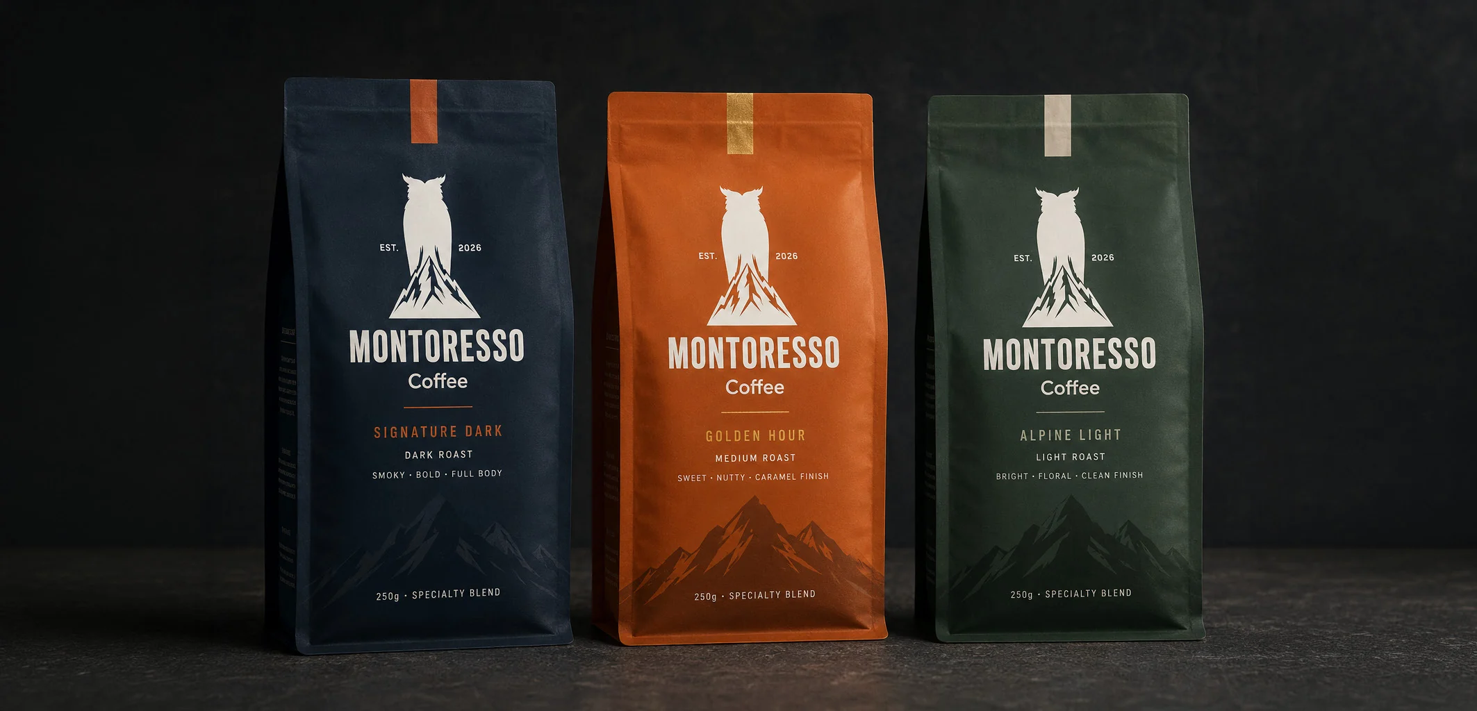 Three Montoresso coffee bags: Signature Dark in navy, Golden Hour in orange and Alpine Light in green