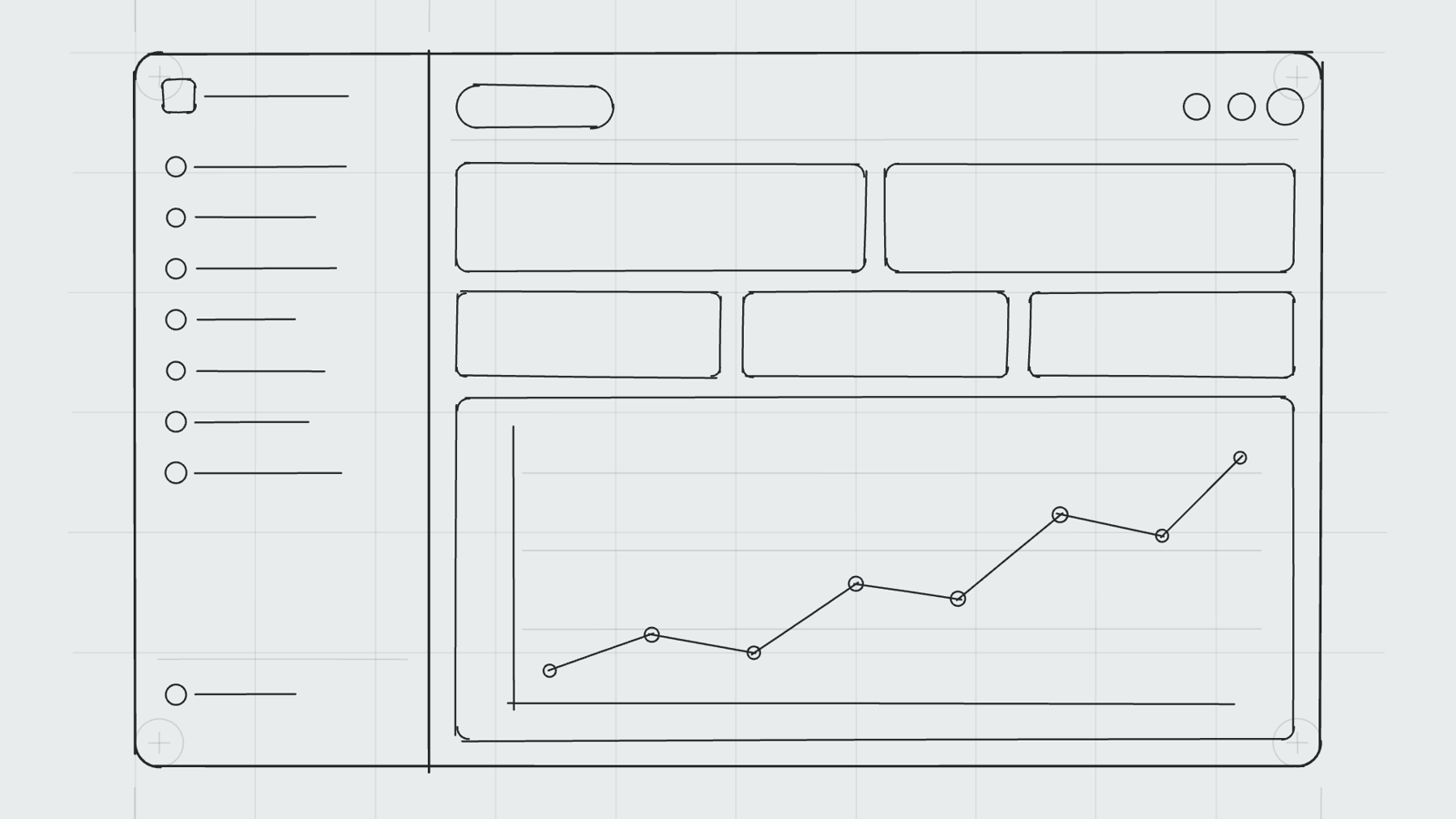 The Outpave dashboard drawn as a construction sketch: a ruled sheet with a sidebar, summary tiles and a spend chart, with compass marks at the corners.