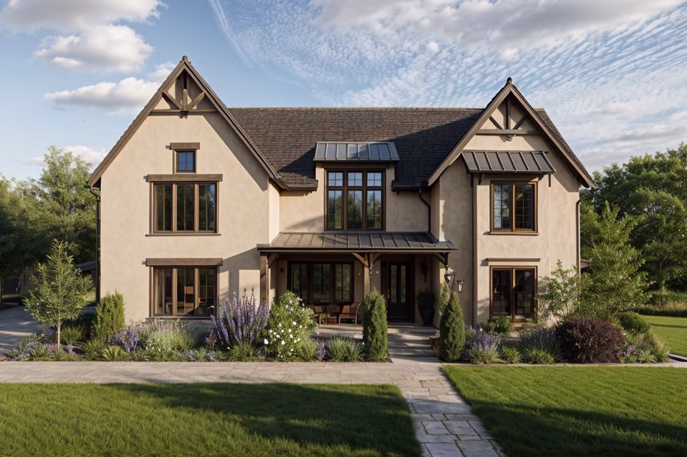Tudor-style stucco home with a covered entry porch, gabled roofline, and landscaped garden beds, lit at twilight