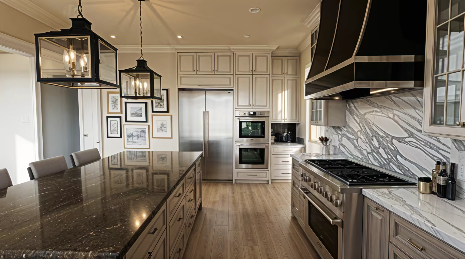 Chef's kitchen with custom cabinetry and stone countertops