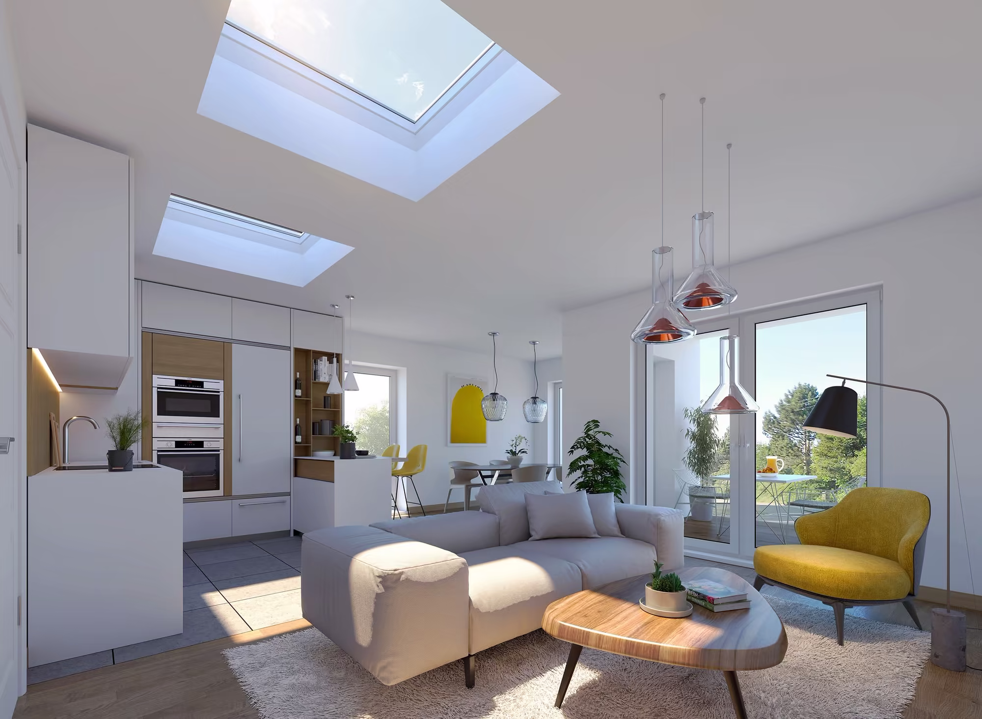 Bright open-concept living room and kitchen lit by two ceiling skylights.
