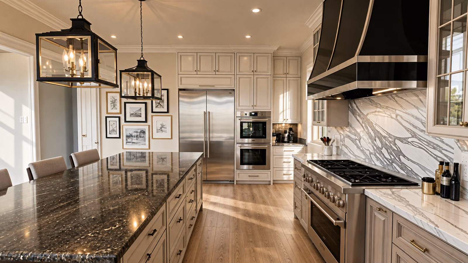 Chef's kitchen with custom cabinetry and stone countertops