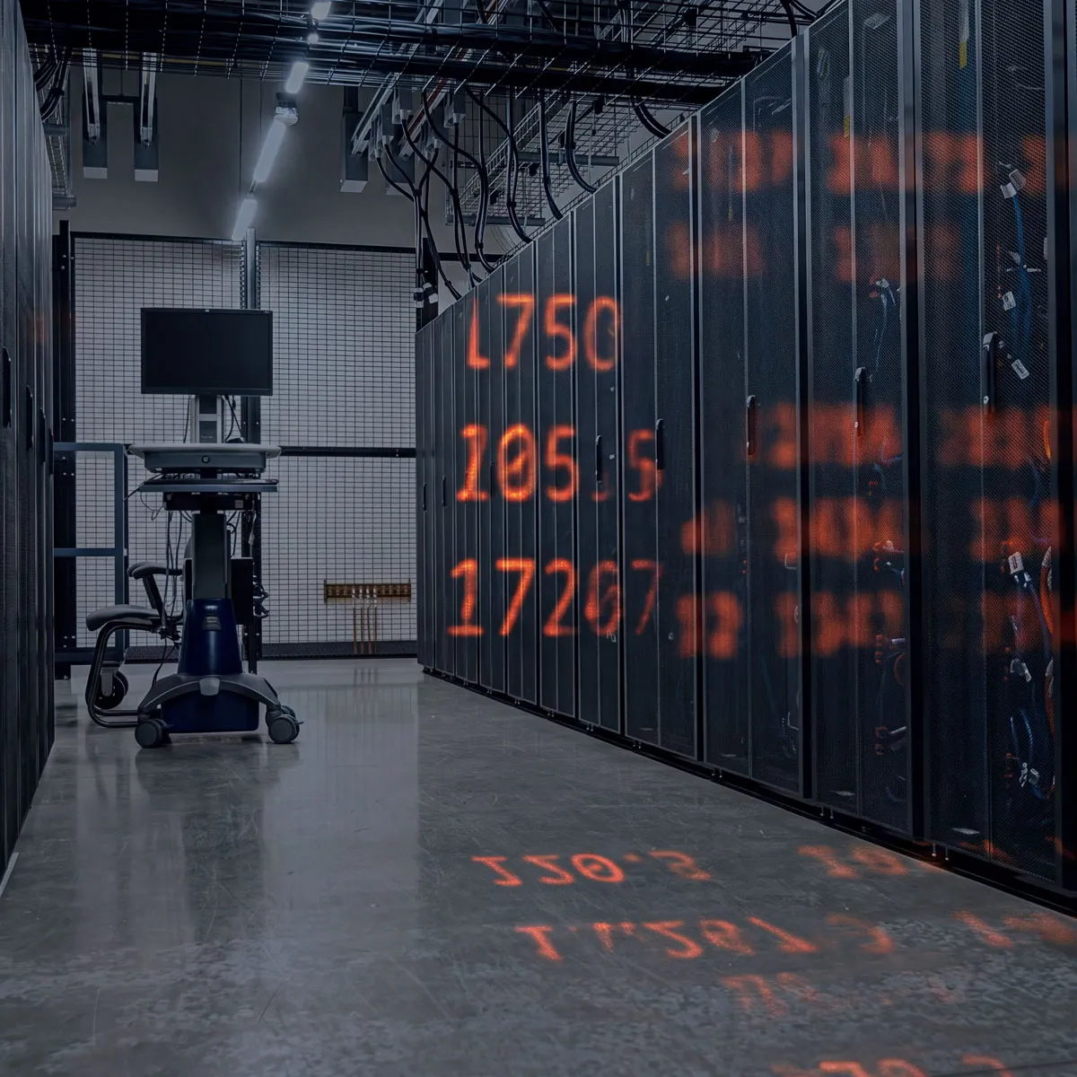 Secure data centre with server racks and red glowing digital code reflections, representing Prolog software infrastructure and data processing.