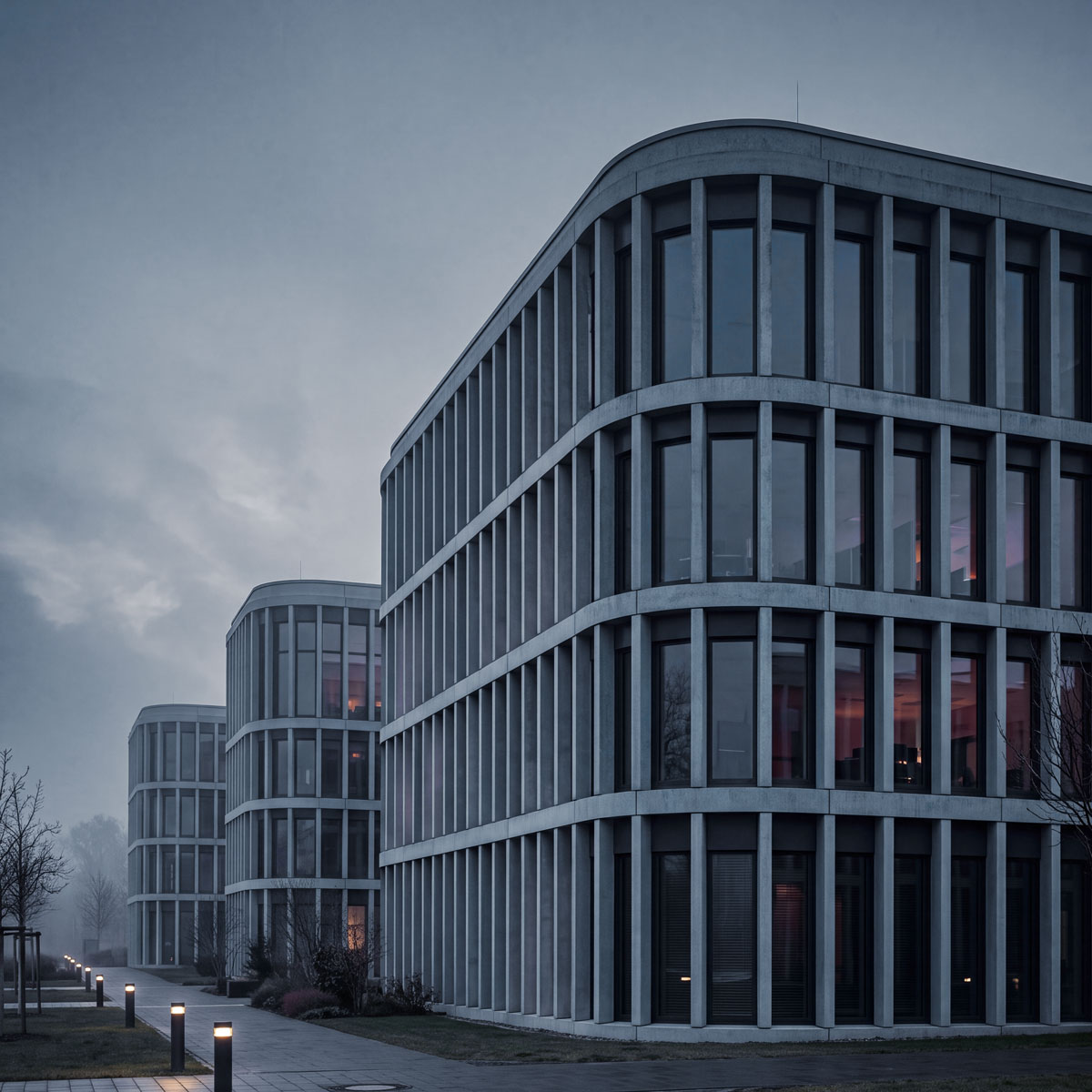 Modern public service building at dusk with red digital data displays glowing through the windows, representing Prolog software for government administration.