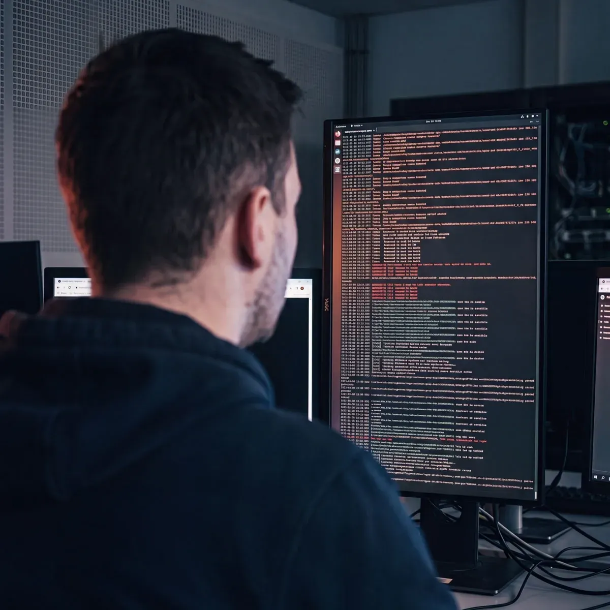 IT worker preparing a data audit while reviewing red code on a vertical monitor.