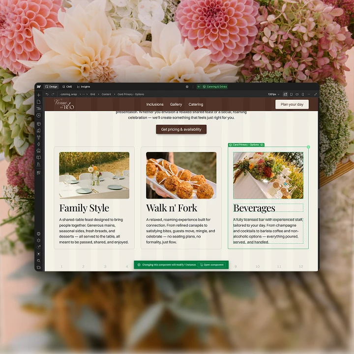 Website section showing catering options with images of set table, appetizers, and beverage display.