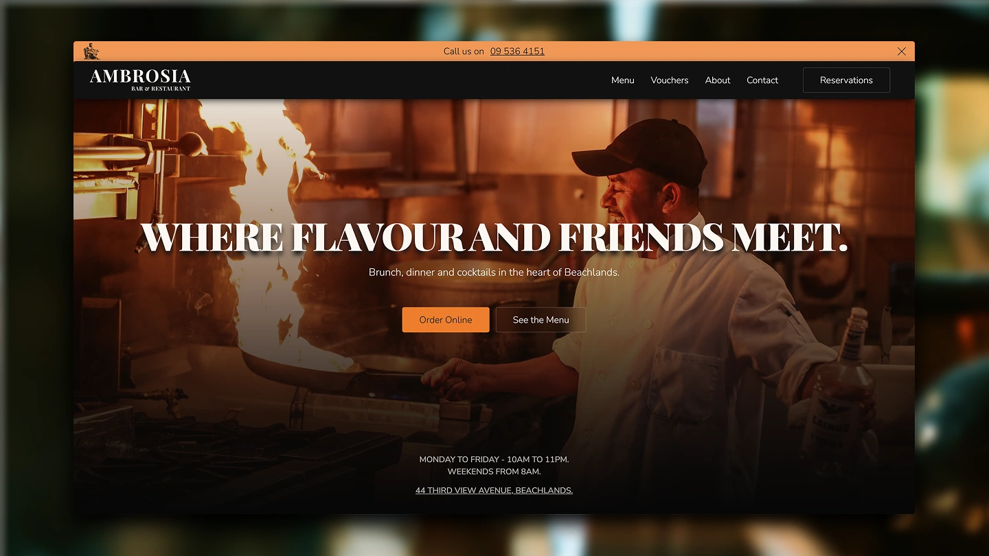 Chef cooking with a flaming pan in a restaurant kitchen with menu and order options overlay.