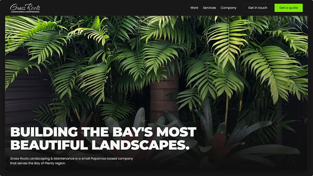 Website header with lush green tropical plants and text about landscaping services in Bay of Plenty region.