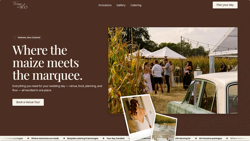 Wedding guests mingle near cornfield with marquee tents and vintage car, suggesting rustic venue in New Zealand.