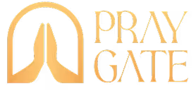 Pray Gate logo with stylized gate and prayer hands in gold tones.
