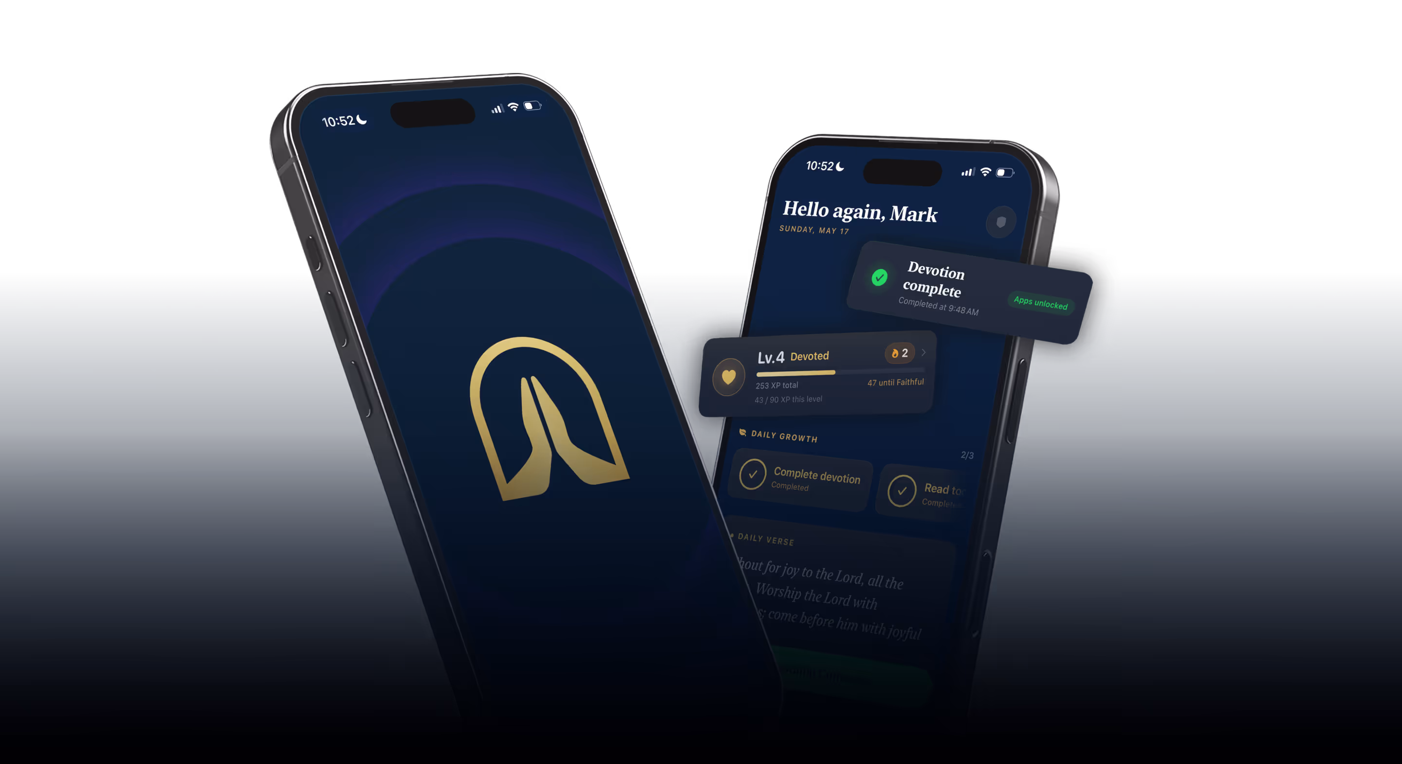 Two smartphones showing a prayer app with a gold praying hands logo and user Devotion progress.