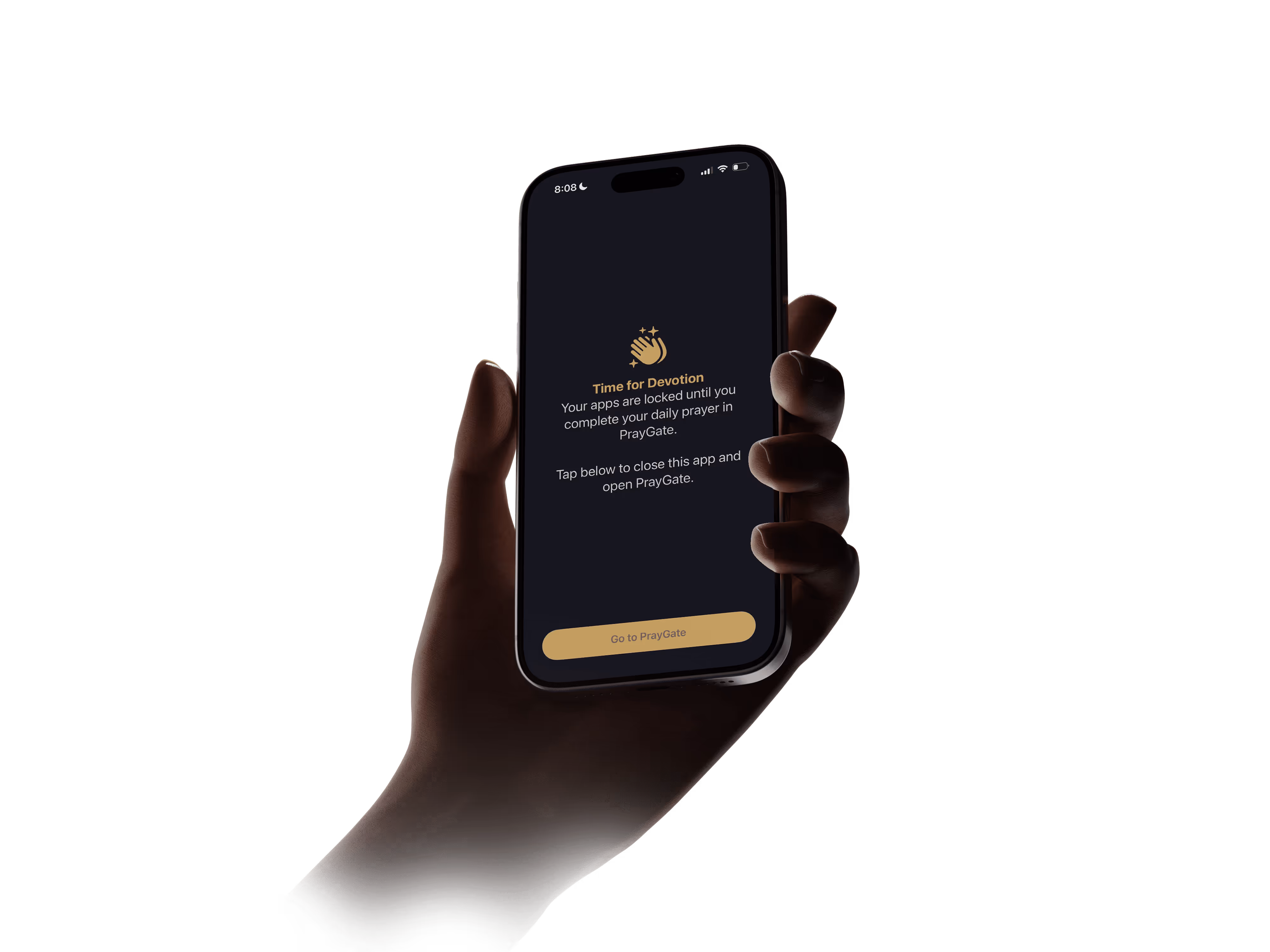 Hand holds phone showing message to complete daily prayer in PrayGate to unlock apps.