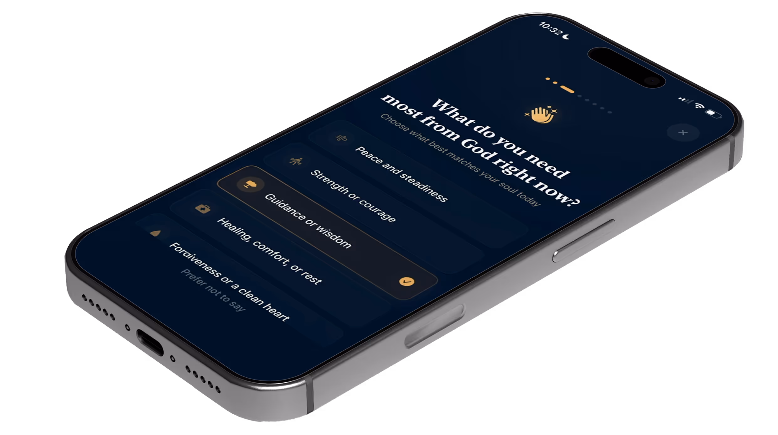Smartphone screen with a spiritual app asking what is needed most from God right now with multiple choice options.