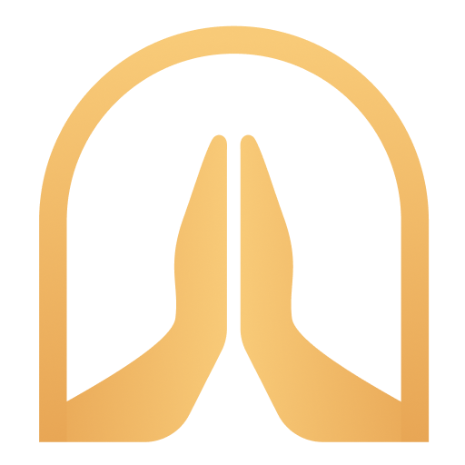 Pray Gate logo with stylized gate and prayer hands in gold tones.