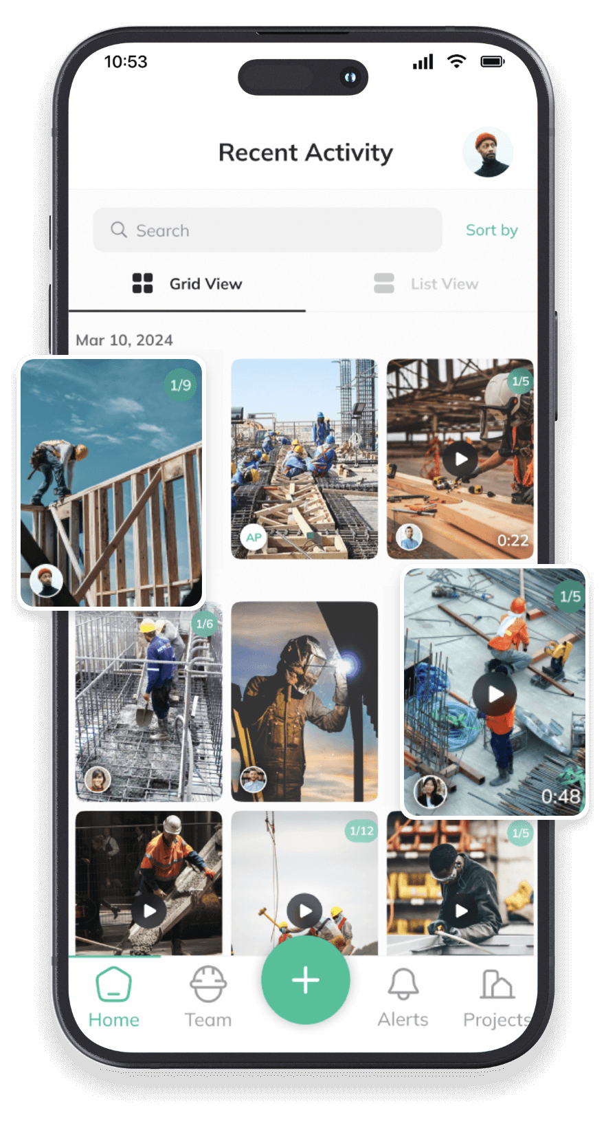 Company photos app with date and location stamp feed image. Crew Cam photo feed