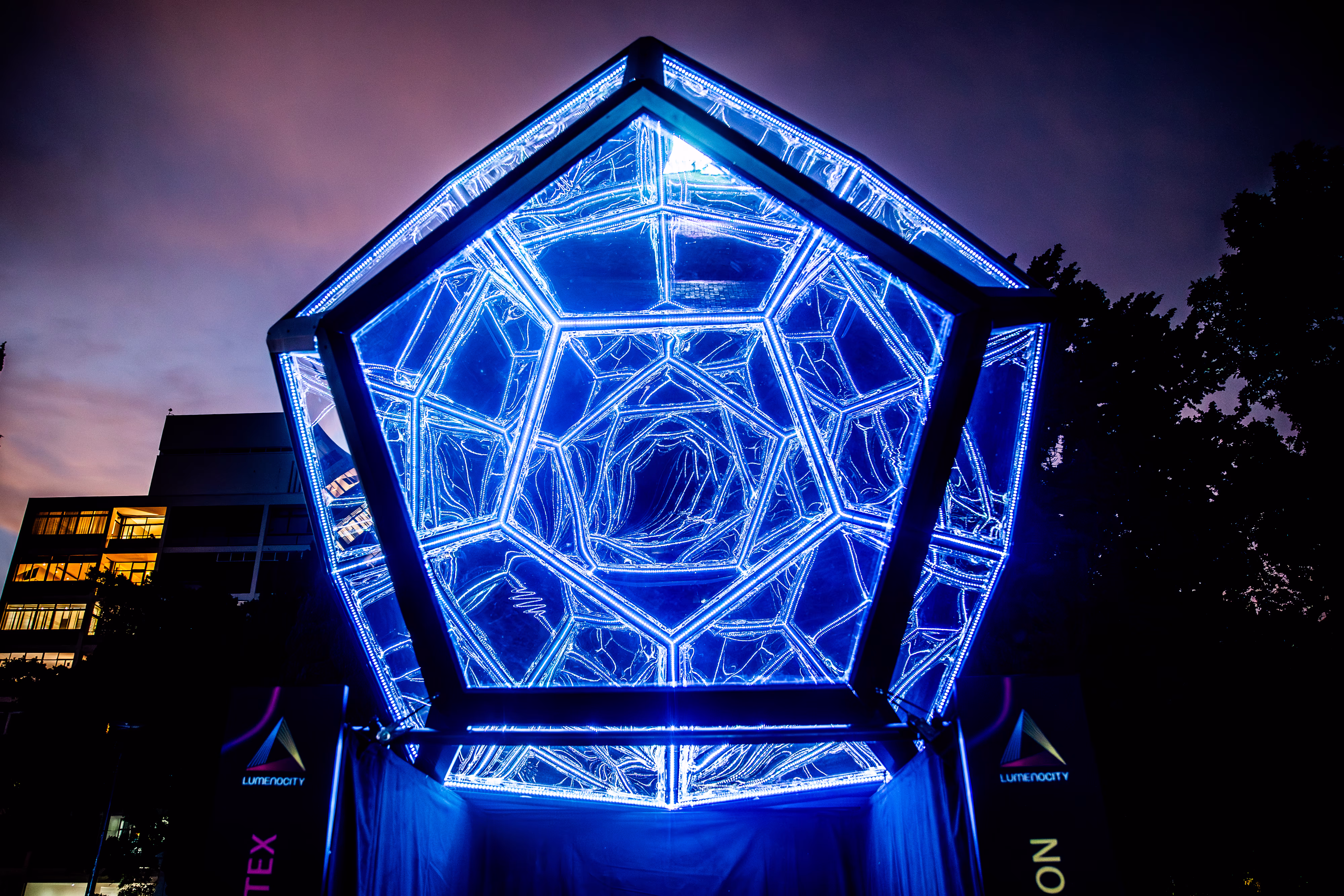 Dodecahedron by Showtex, a geometric volume of textile and light at LUMENOCITY, Cape Town