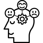 Outline of a human head with a gear inside representing the mind and three faces above showing happy, neutral, and sad emotions.