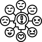 Central stopwatch icon surrounded by eight connected icons showing various facial expressions and a heart symbol.