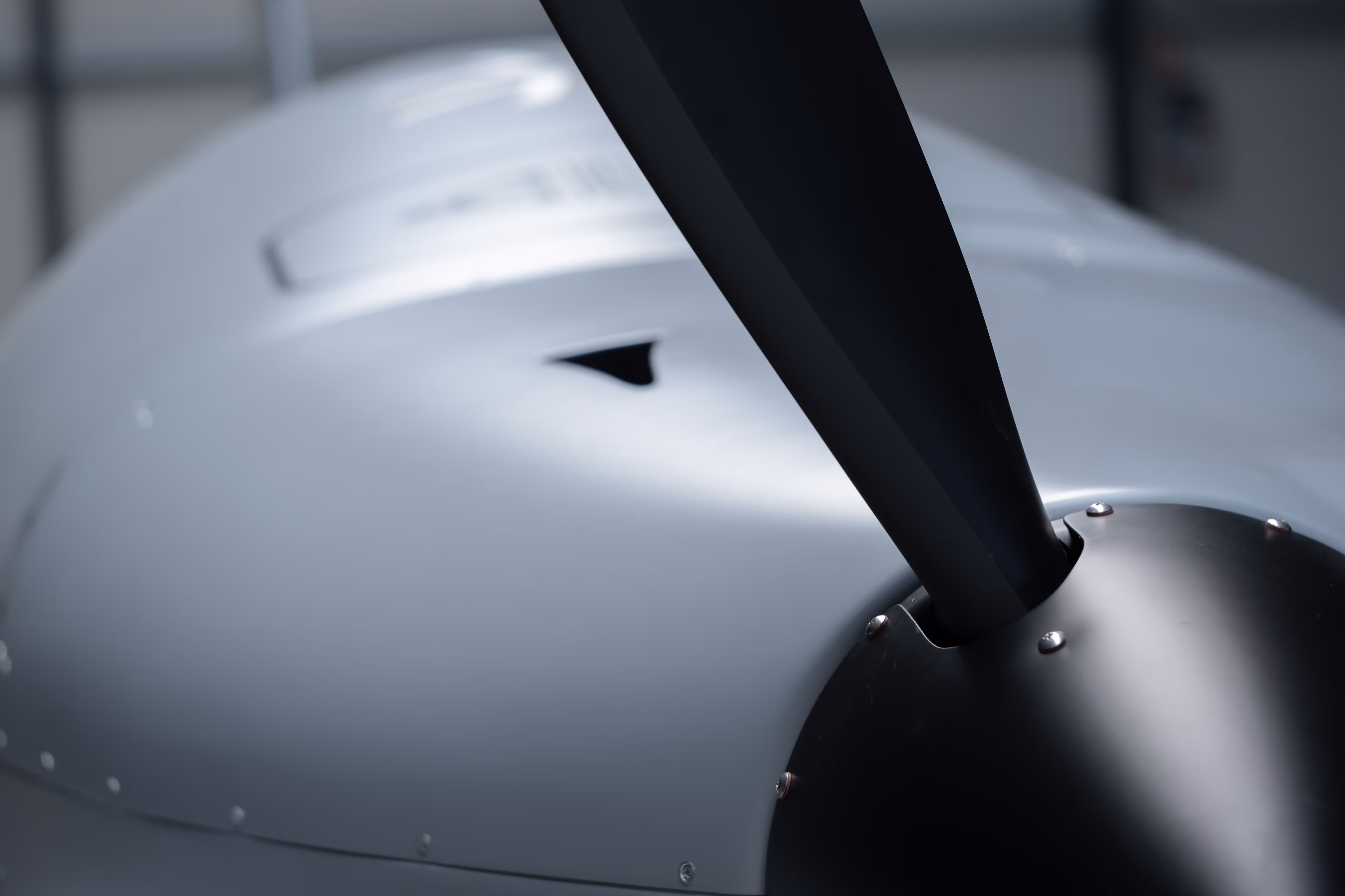Close-up of the Bussard drone's propeller blade and spinner.