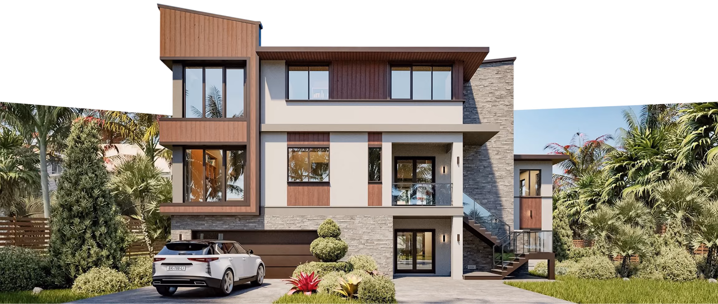 Modern two-story house with stone and wood accents, large windows, and a white car parked in driveway.