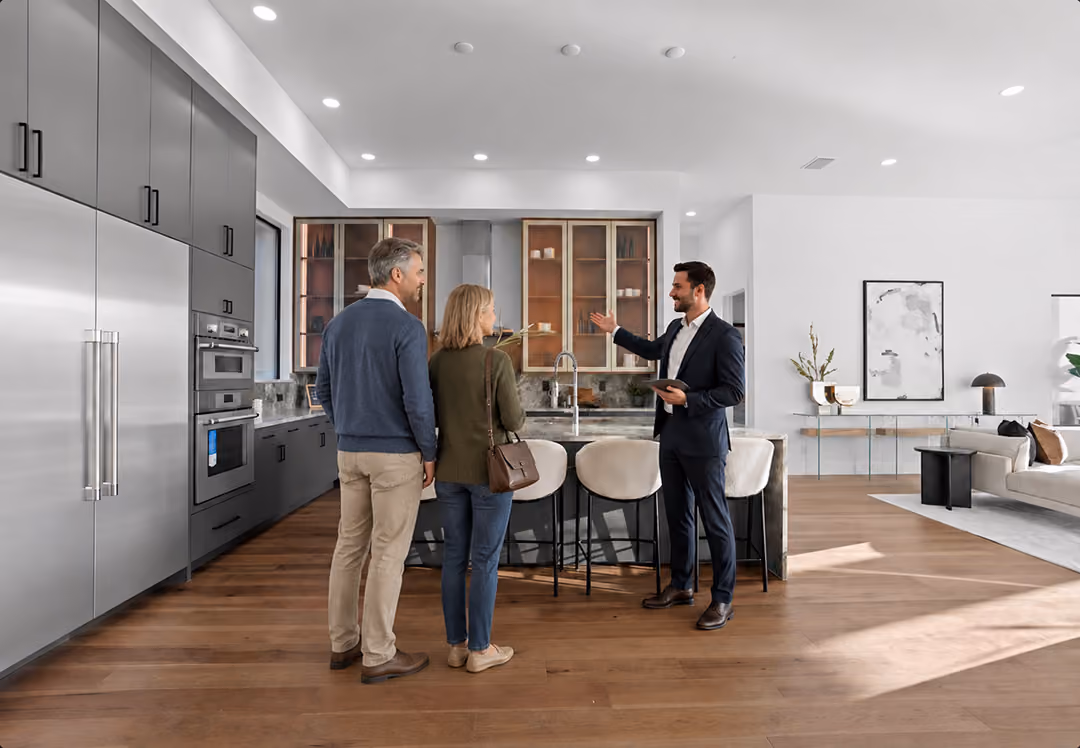 Real estate agent showing a modern kitchen and living room to a couple during a home tour.
